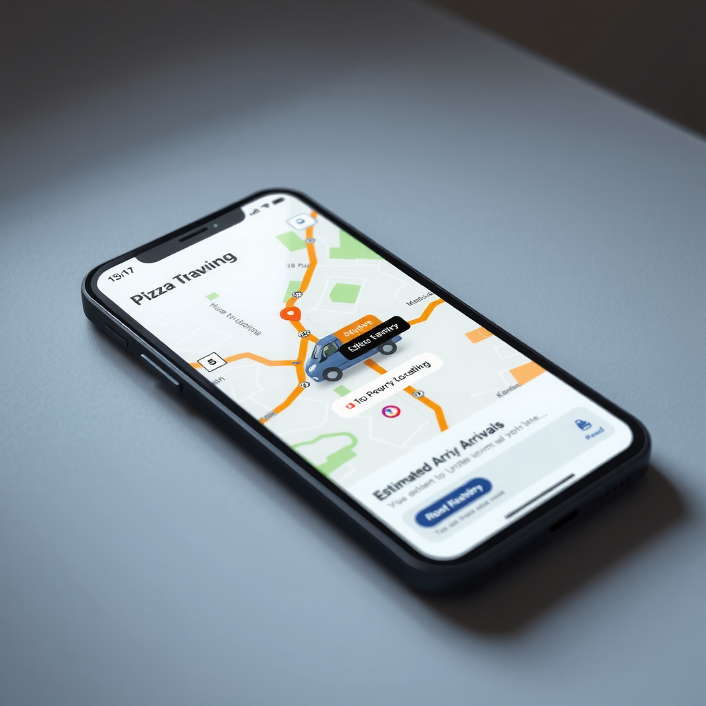 Mobile phone displaying real-time pizza delivery tracking map with driver location, estimated arrival time, and order status updates