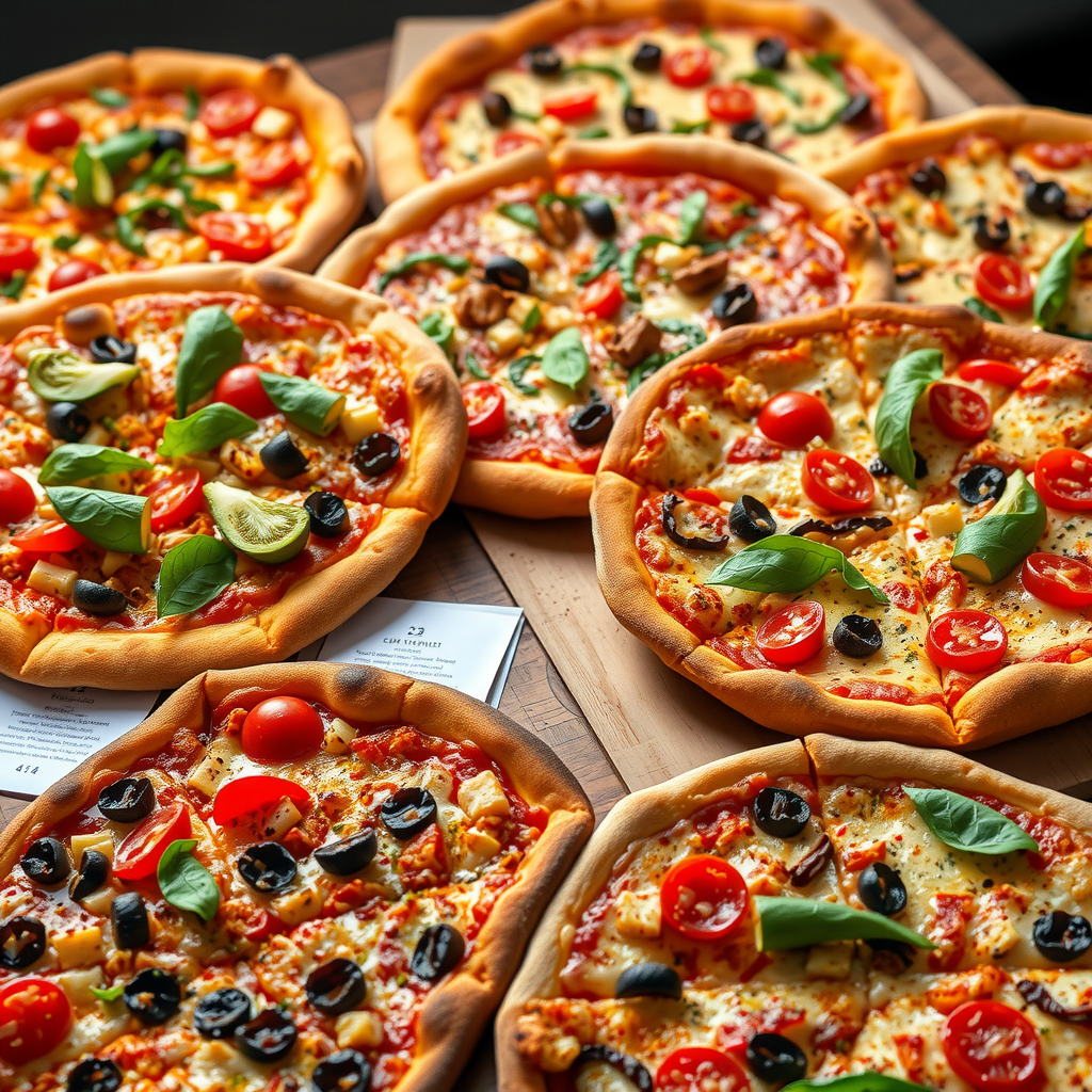 Diverse pizza options including vegetarian vegan and gluten-free varieties displayed with ingredient labels