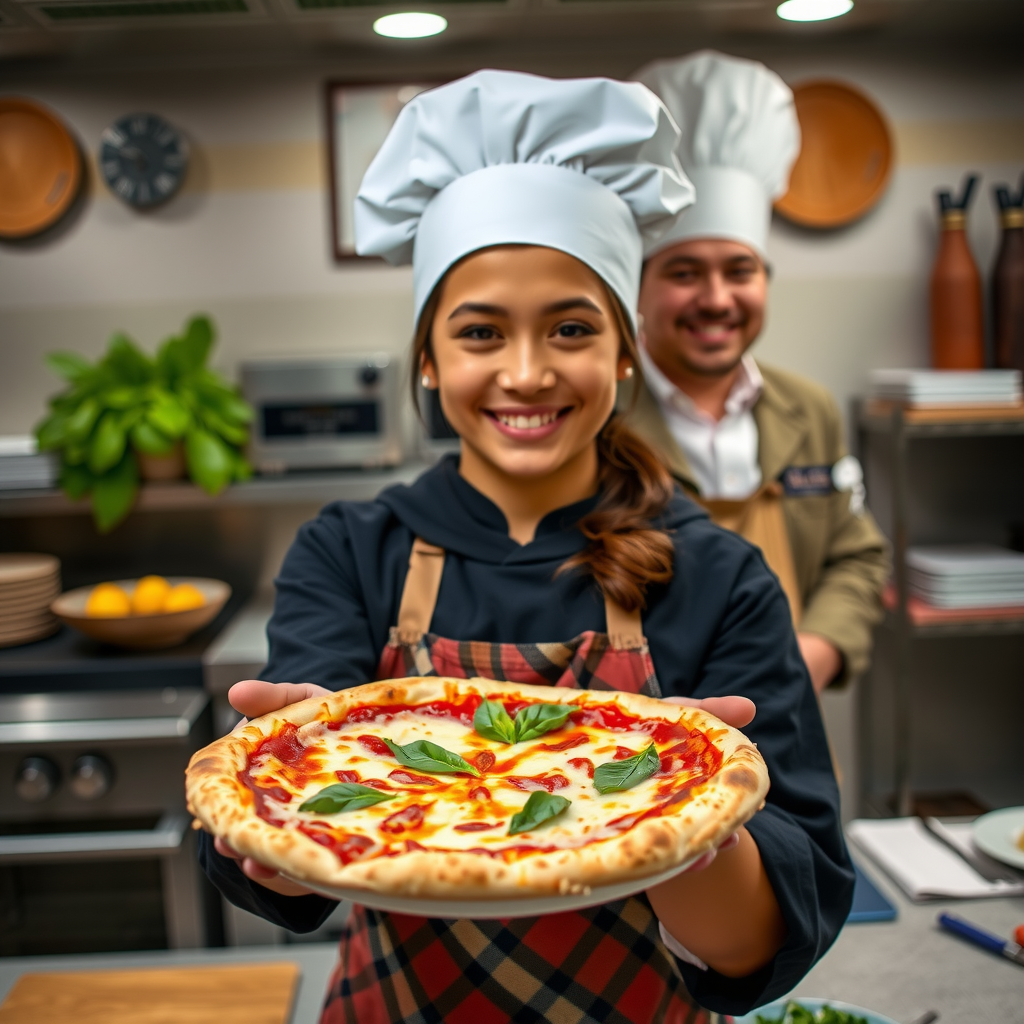 Happy student holding up a perfectly cooked pizza with melted cheese and fresh basil in a professional kitchen with chef instructor smiling in background