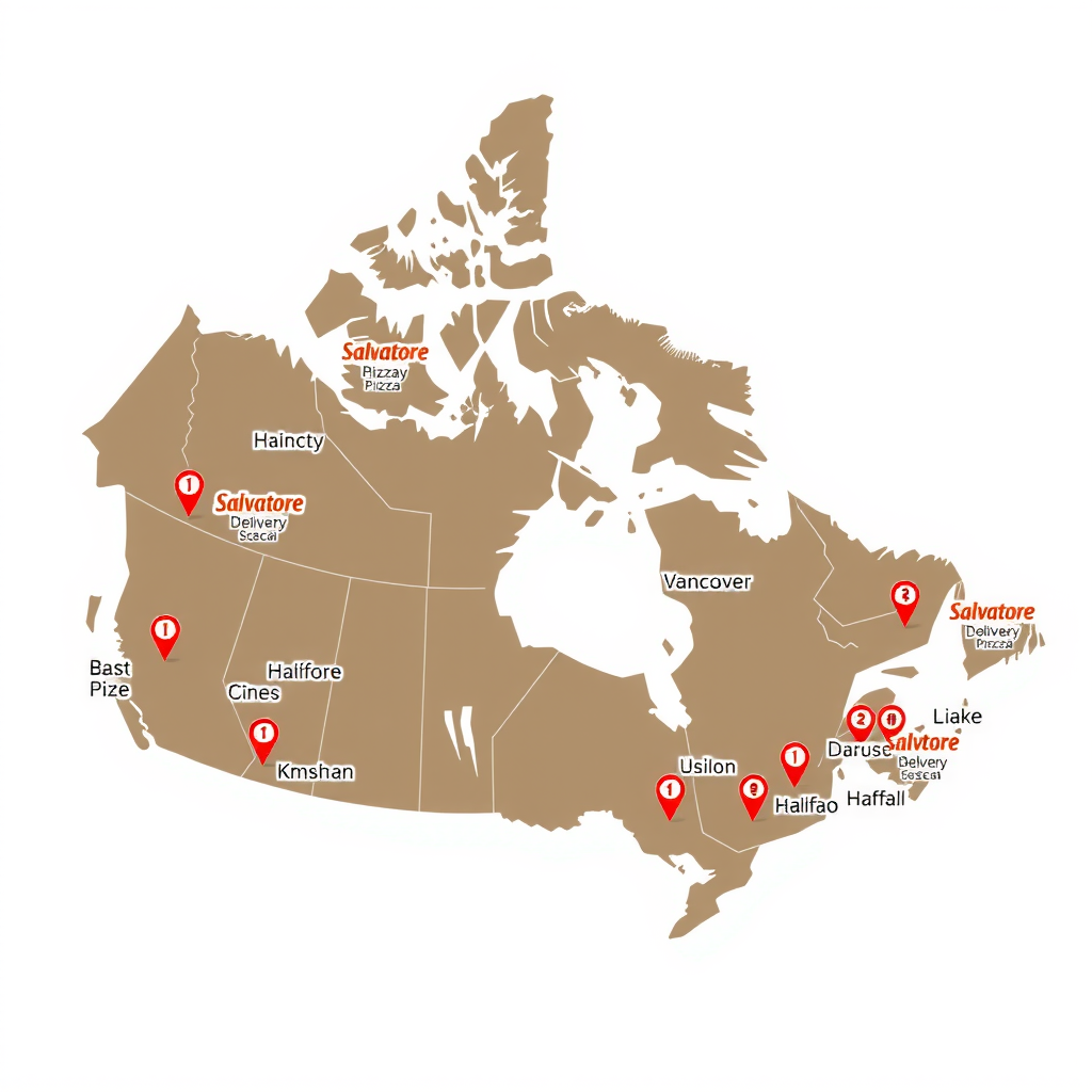 Illustrated map of Canada showing Salvatore pizza delivery locations marked across major cities from Vancouver to Halifax with delivery radius indicators