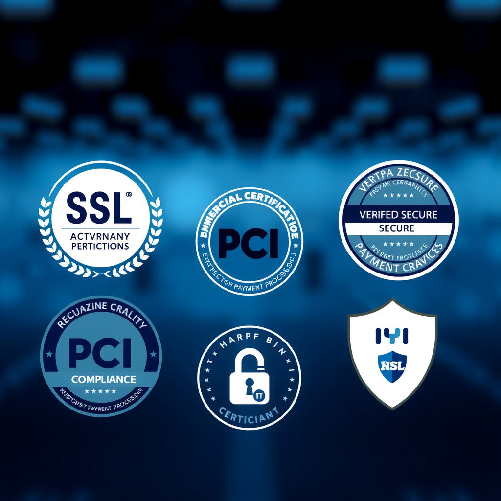 Security certification badges including SSL, PCI compliance, and verified secure payment processor logos