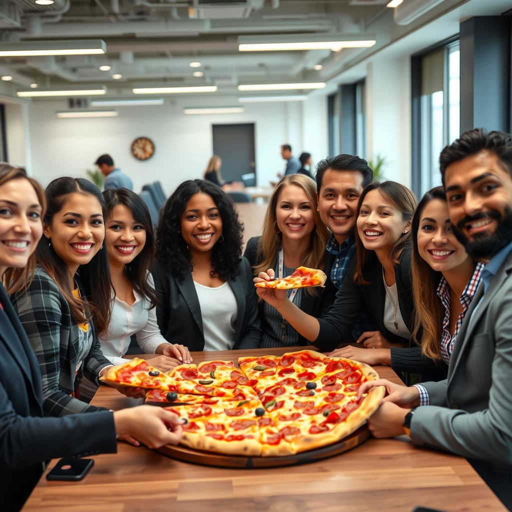 Diverse group of happy corporate employees from various departments enjoying Salvatore pizza together in modern office break room, smiling and socializing