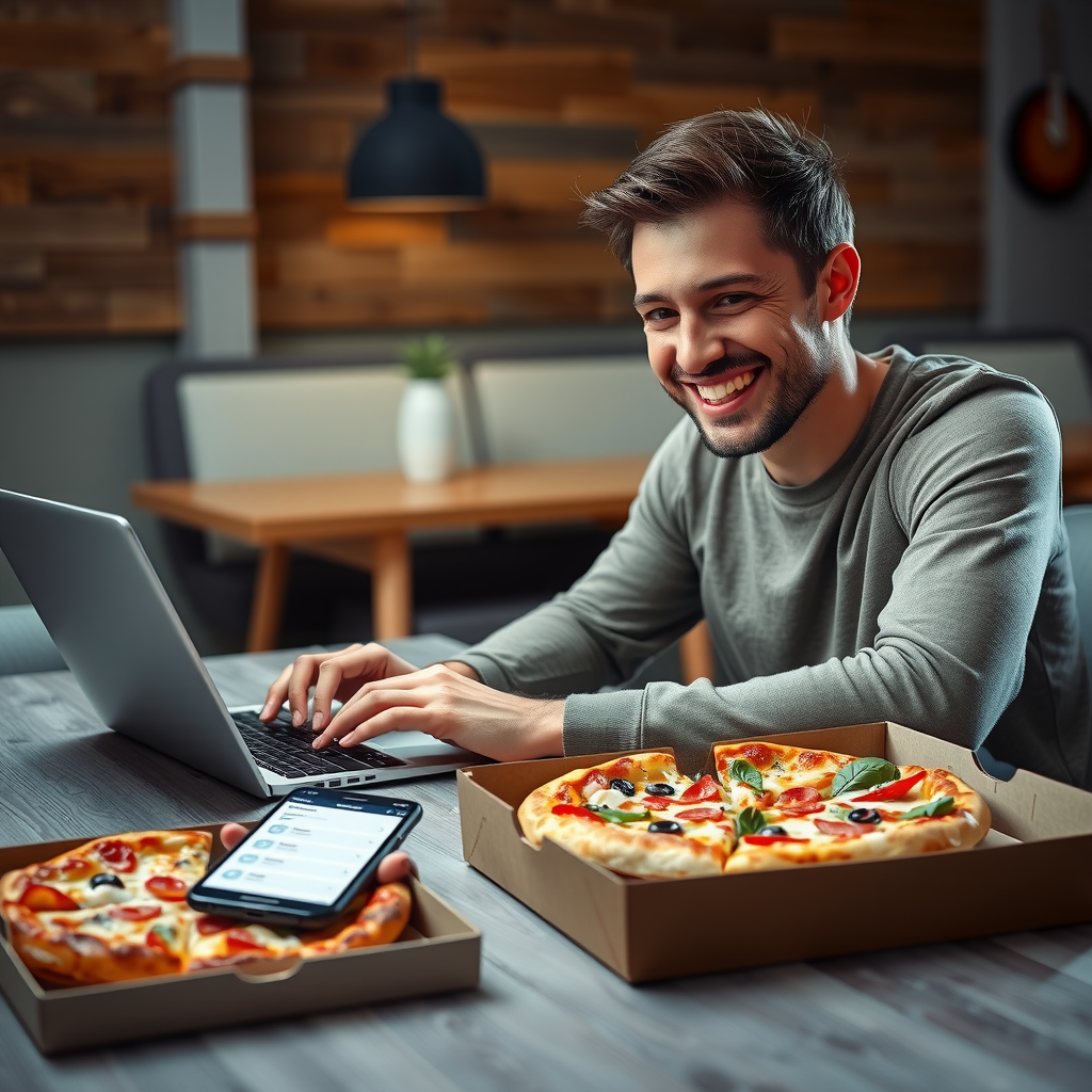 Satisfied customer smiling while using laptop to order pizza online, with smartphone showing order tracking app on table next to fresh pizza box