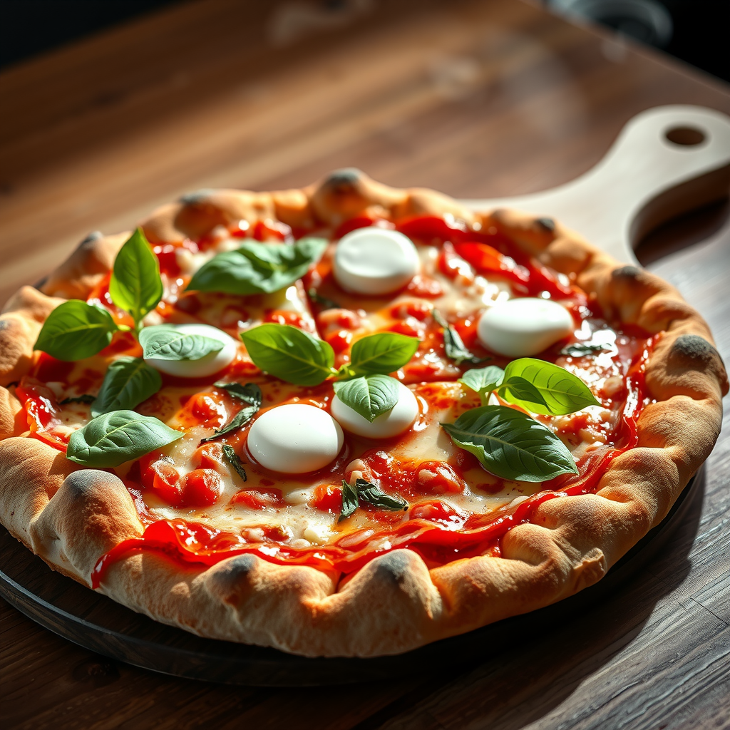Delicious authentic Italian pizza with fresh mozzarella, basil leaves, and tomato sauce on a wooden board, steam rising from the hot melted cheese, professional food photography with dramatic lighting