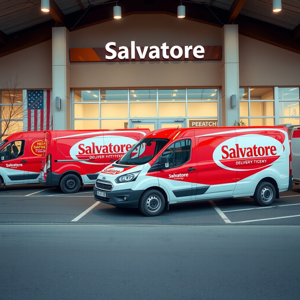Modern eco-friendly delivery vehicles with Salvatore branding parked in front of new kitchen facility, featuring electric vans in red and white colors with the Salvatore logo prominently displayed