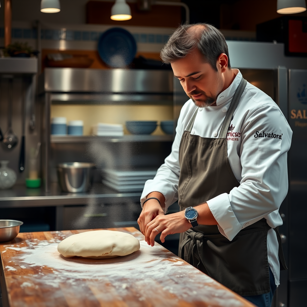 Master Pizza Chef Marco Benedetti expertly kneading traditional Italian pizza dough in Salvatore's professional kitchen, with flour dust floating in the air, rustic wooden work surface, stainless steel equipment in background, warm kitchen lighting