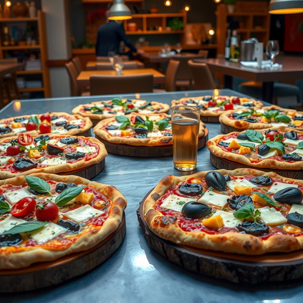 Colorful array of plant-based pizzas featuring dairy-free cheese, roasted vegetables, fresh herbs, and innovative toppings displayed on rustic wooden boards in a modern Italian restaurant setting