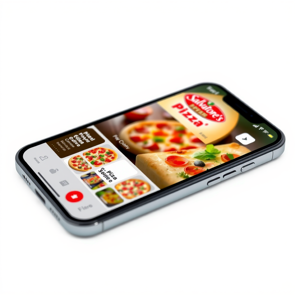 Modern smartphone displaying Salvatore's pizza ordering app interface with colorful pizza images, easy navigation menu, and shopping cart icon on a clean white background