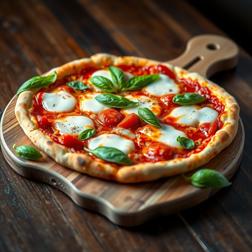 Freshly baked Margherita pizza with vibrant red tomato sauce, melted mozzarella cheese, and fresh green basil leaves on a rustic wooden serving board
