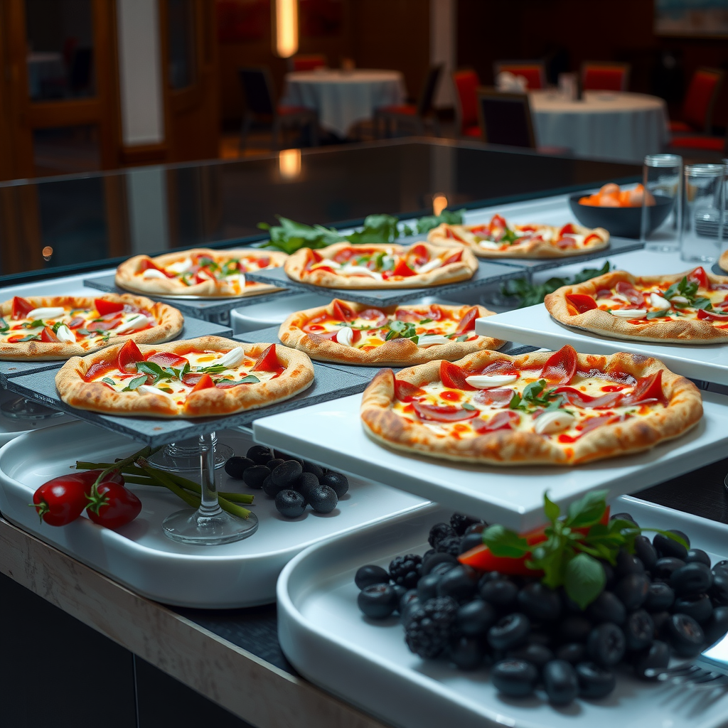 Professional catering setup with multiple pizza platters arranged on elegant buffet table with fresh ingredients and garnishes