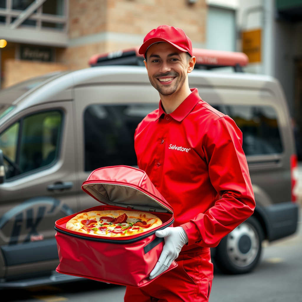Professional Salvatore pizza delivery driver in red uniform holding insulated pizza delivery bag with hot fresh pizza, smiling confidently at camera, modern delivery vehicle in background