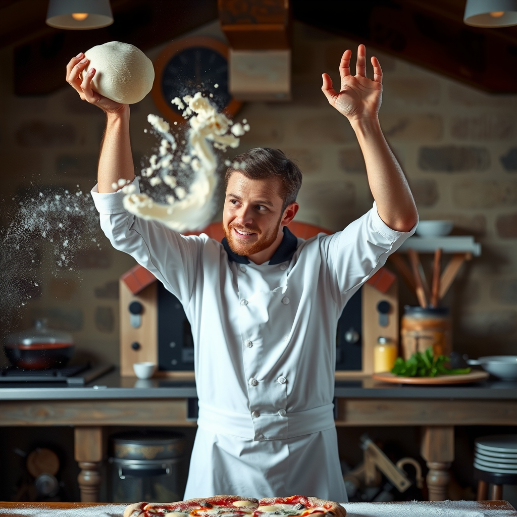 Master chef in white apron tossing pizza dough in the air with flour dust creating a dramatic effect in a rustic Italian kitchen with wood-fired oven in background