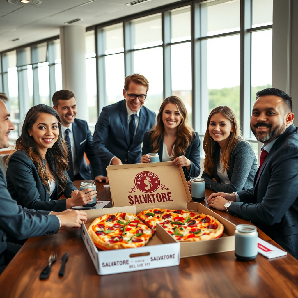 Professional business team enjoying Salvatore pizza delivery during corporate lunch meeting in modern office boardroom with large windows
