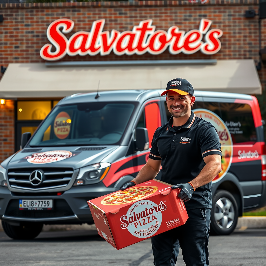 Salvatore's Pizza delivery service showing a delivery driver holding fresh pizza boxes with the Salvatore logo, standing next to a branded delivery vehicle in front of a modern restaurant storefront