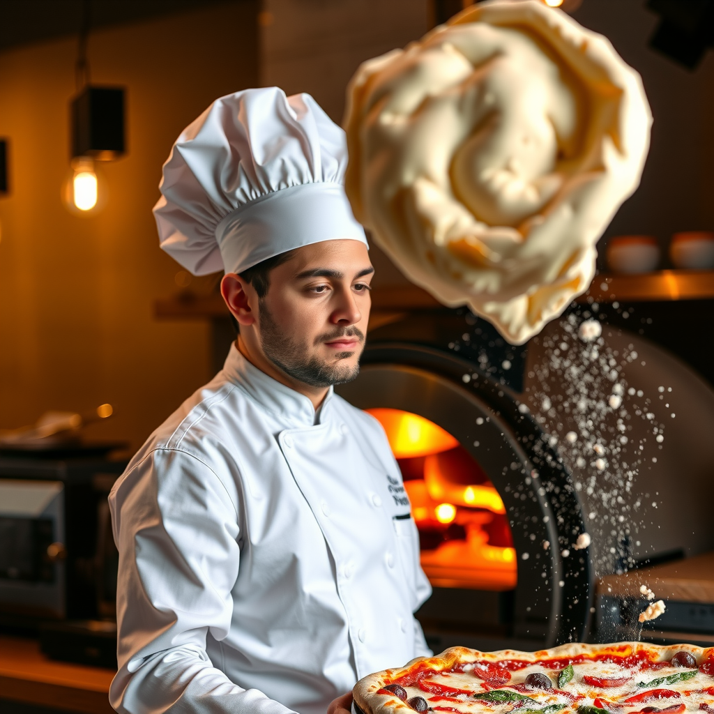 Professional Italian chef in traditional white uniform and hat, tossing pizza dough in the air with flour dust visible, warm kitchen lighting, authentic pizzeria atmosphere with wood-fired oven in background