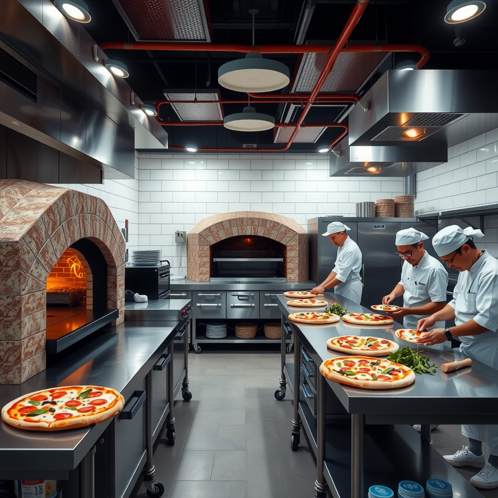 Interior view of Salvatore's new kitchen facility showing traditional stone-fired pizza ovens, stainless steel preparation counters, and chefs in white uniforms preparing pizzas with fresh ingredients