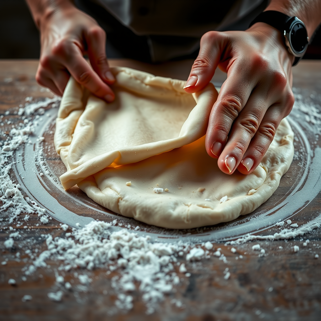 Close-up photograph of experienced hands stretching pizza dough using traditional Italian technique, showing the delicate pulling and shaping motion, flour scattered on rustic wooden surface, natural lighting highlighting the dough's texture