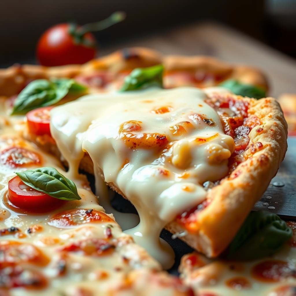 Close-up shot of melted dairy-free cashew mozzarella stretching from a slice of pizza, showing golden-brown bubbling texture with fresh basil leaves and cherry tomatoes in soft natural lighting