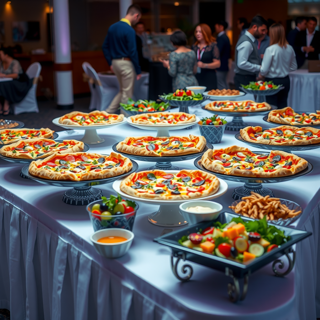 Elegant catering setup with multiple large pizza platters, appetizer trays, salad bowls, and desserts arranged on a decorated buffet table at a corporate event with people mingling in the background