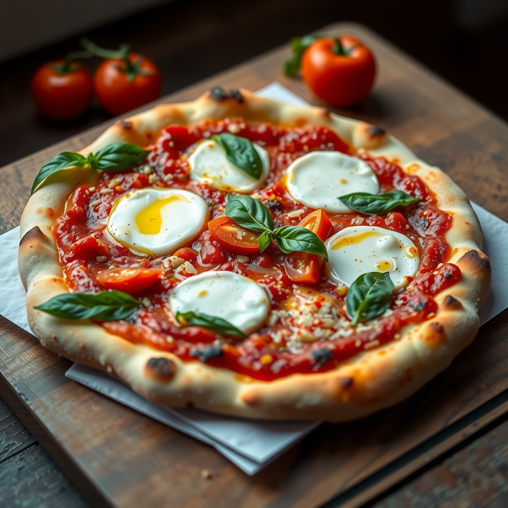Traditional Margherita pizza with San Marzano tomato sauce, fresh buffalo mozzarella, basil leaves, and extra virgin olive oil on thin crust