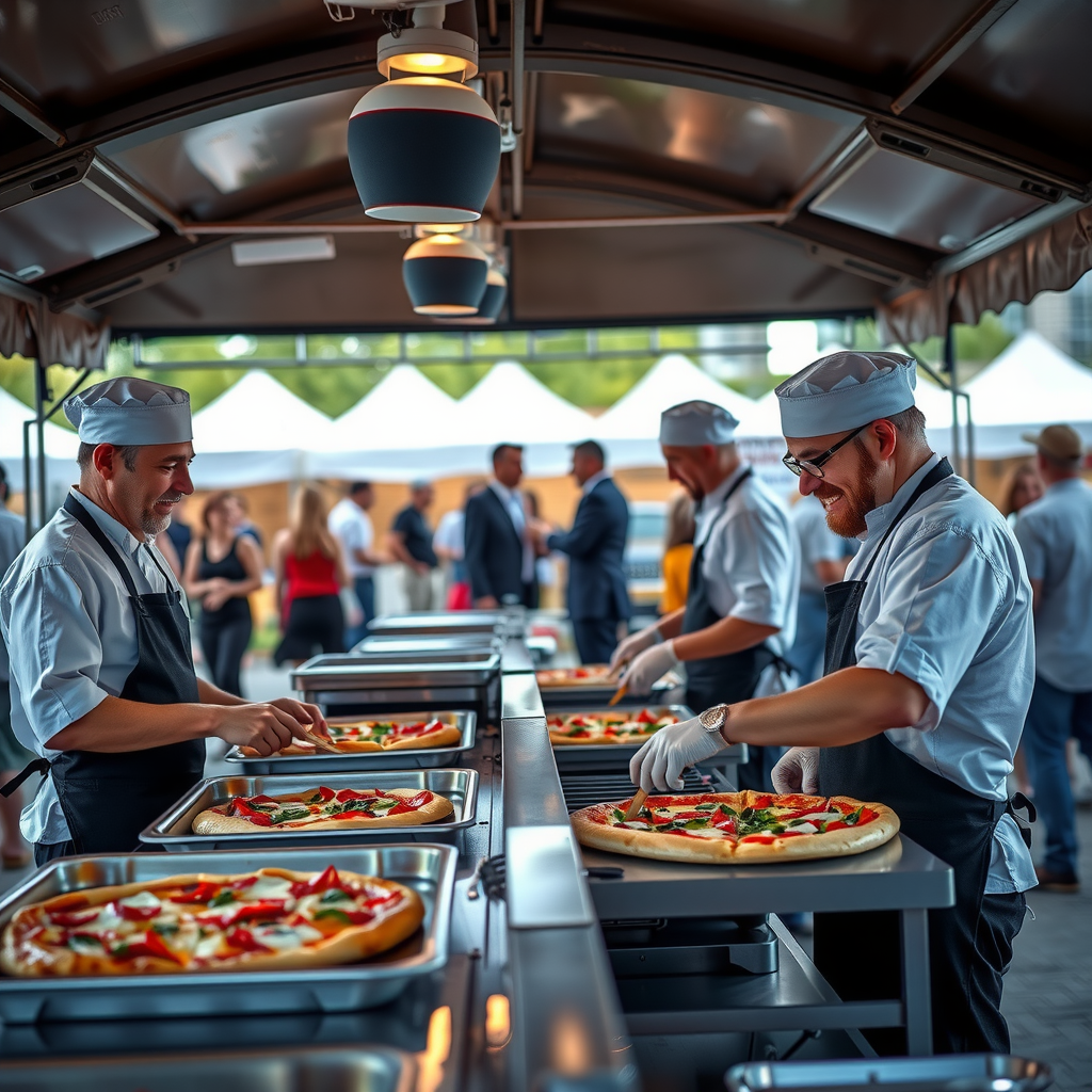 Salvatore catering team preparing fresh pizzas in mobile kitchen setup at outdoor event with guests mingling in background