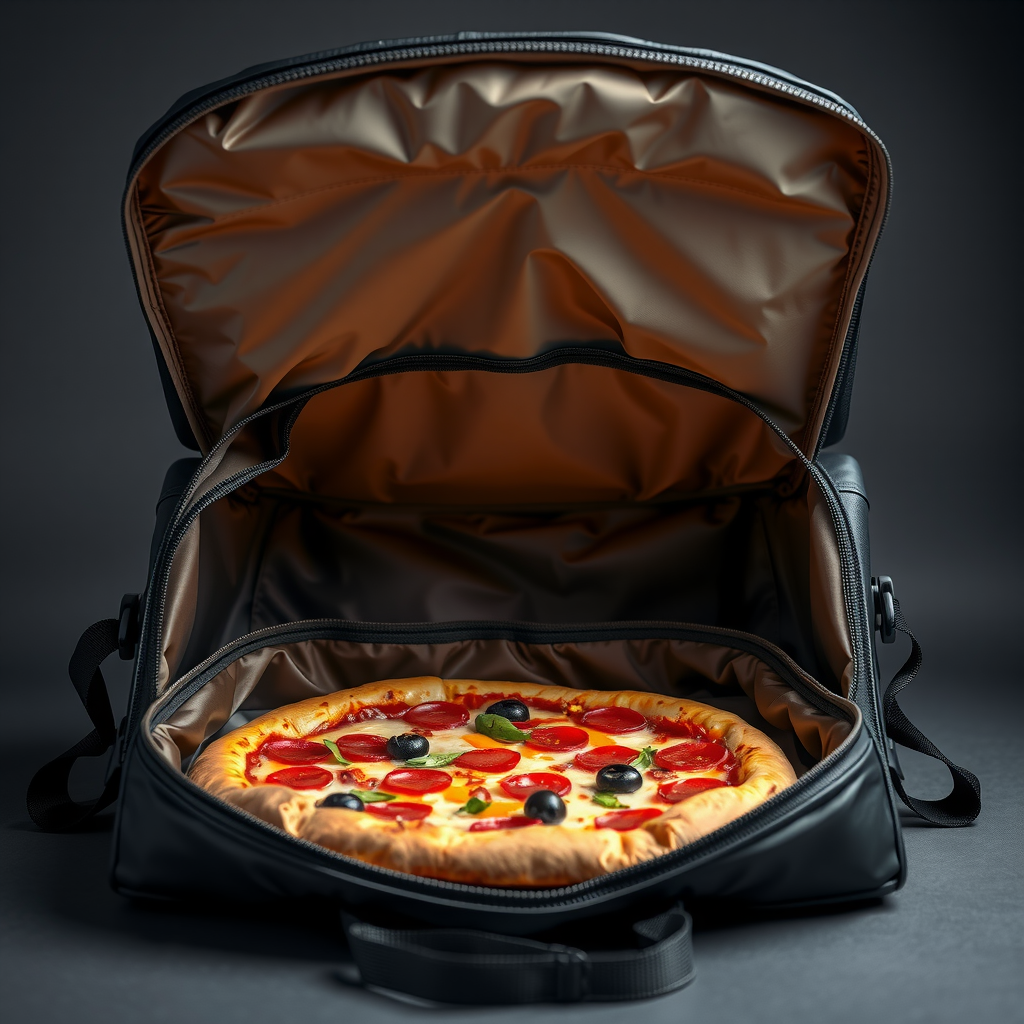 High-tech insulated pizza delivery bag opened to reveal steaming hot fresh pizza inside, showing thermal lining and heat retention technology, professional quality equipment