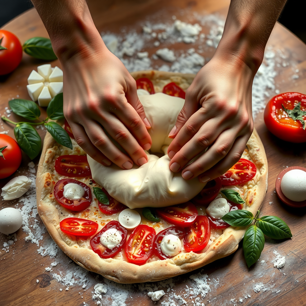 Close-up of hands kneading fresh pizza dough on a wooden work surface dusted with flour with ingredients like tomatoes basil and mozzarella arranged artistically around