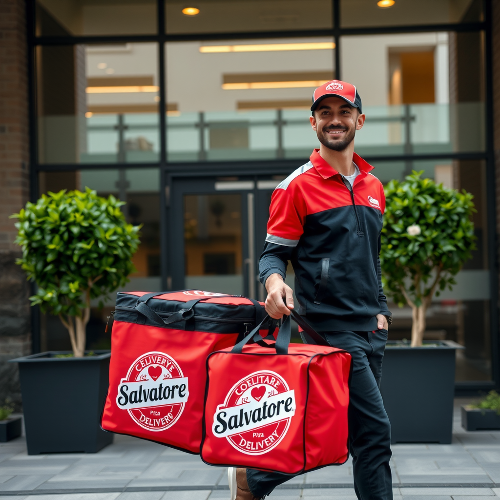 Professional Salvatore delivery driver in branded uniform carrying insulated pizza delivery bags arriving at modern corporate office building entrance