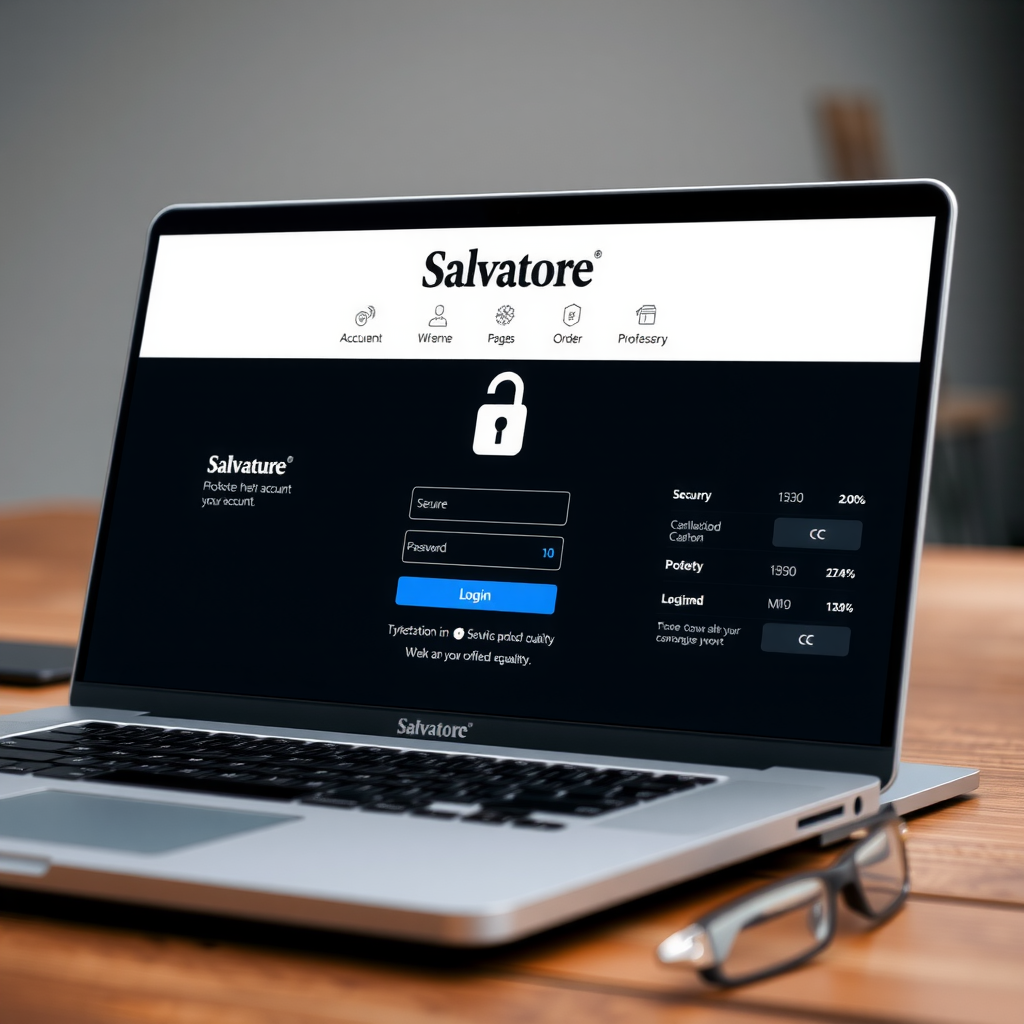 Secure online account interface showing a laptop screen with Salvatore's website login page, featuring security icons, password protection symbols, and a modern user dashboard with order history