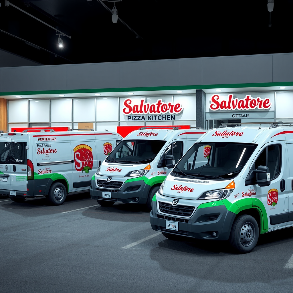 Modern pizza delivery vehicles lined up outside new Salvatore kitchen facilities in Calgary, Ottawa and Halifax, with eco-friendly electric vans branded with Salvatore logo, showing expansion of authentic Italian pizza delivery operations across Canada