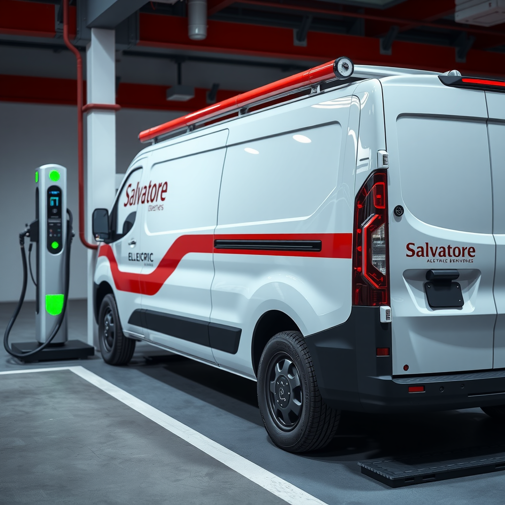 Close-up of Salvatore's electric delivery vehicle, a modern white van with red accents and the Salvatore logo, equipped with thermal delivery boxes and charging at an electric vehicle charging station