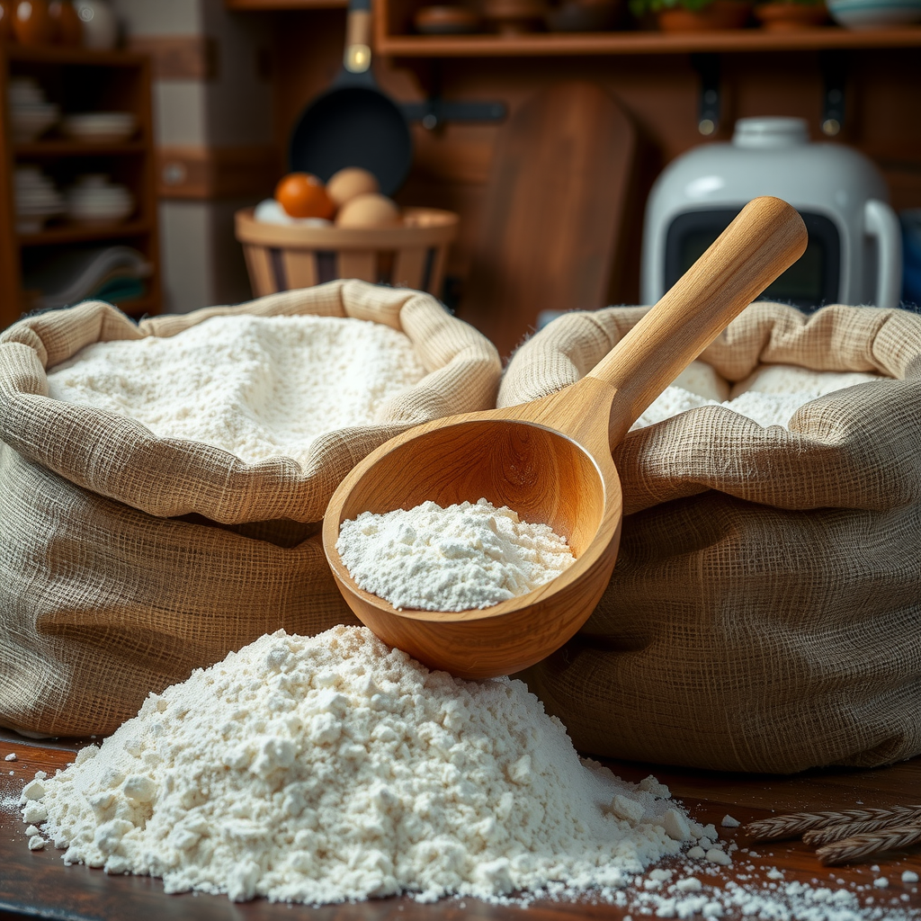 High-quality Canadian wheat flour displayed in traditional burlap sacks with wooden scoop, artisanal presentation in rustic kitchen setting, showing the premium quality of locally-sourced ingredients used at Salvatore