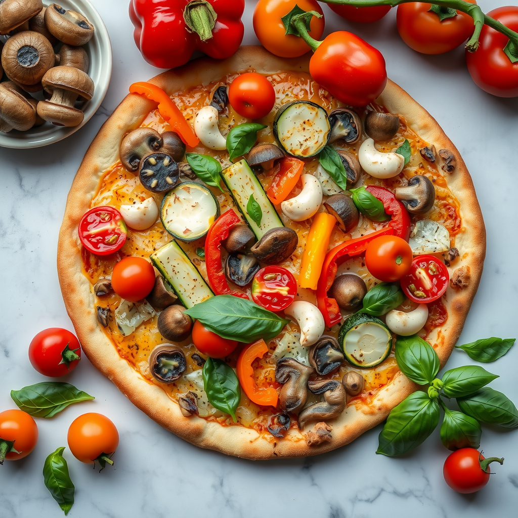 Overhead view of fresh vegetable pizza toppings including roasted mushrooms, grilled zucchini, colorful bell peppers, cherry tomatoes, fresh basil, and artichoke hearts arranged artistically on a marble counter
