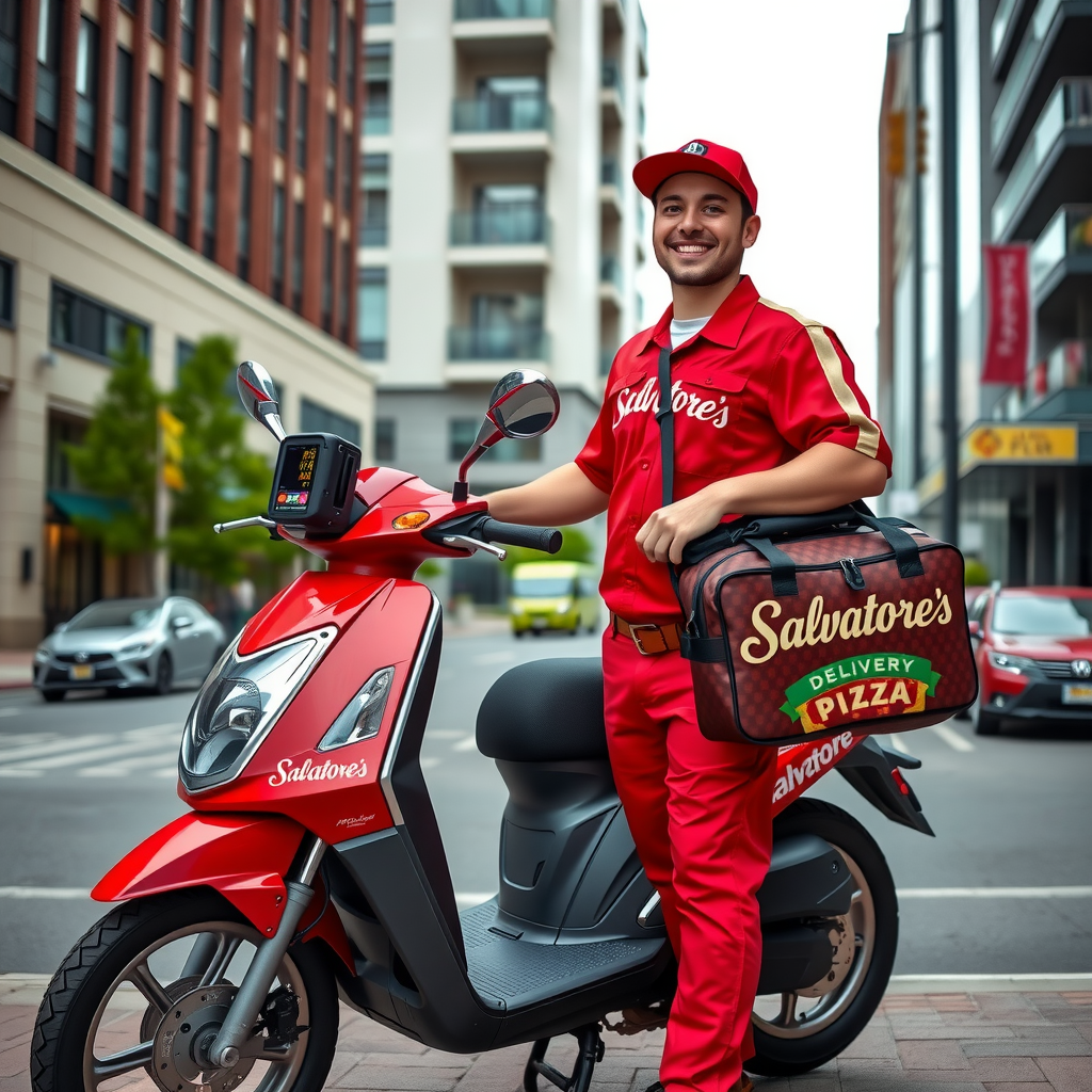 Salvatore's delivery driver in red uniform holding insulated pizza delivery bag next to branded delivery scooter with GPS tracking device mounted, urban Canadian street background with modern buildings