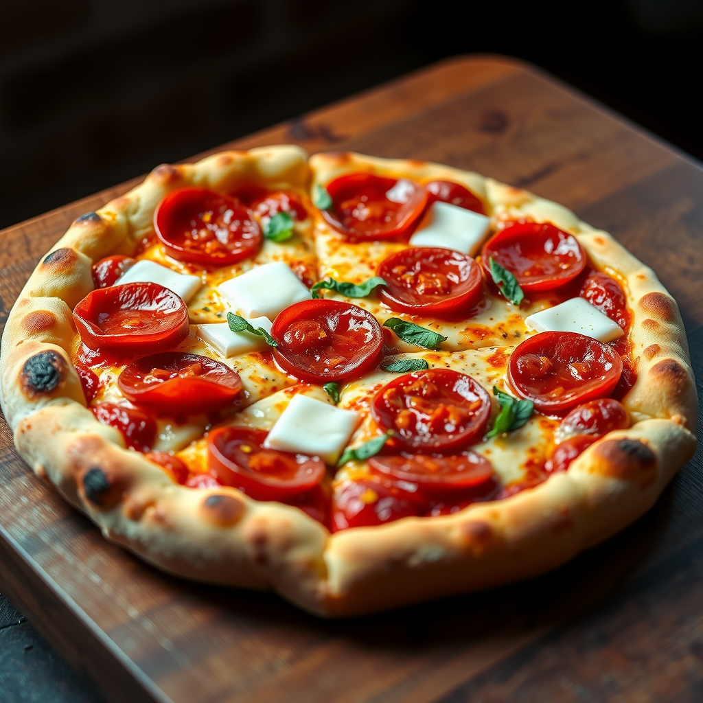 Loaded pepperoni pizza with generous portions of premium pepperoni slices, melted mozzarella cheese, and Italian herbs on golden crust