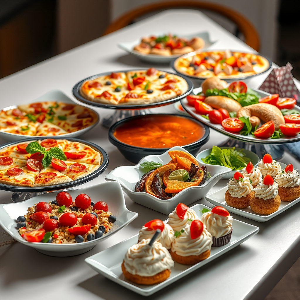 Elegant buffet spread showing all three catering packages with pizza platters appetizers salads and desserts beautifully arranged