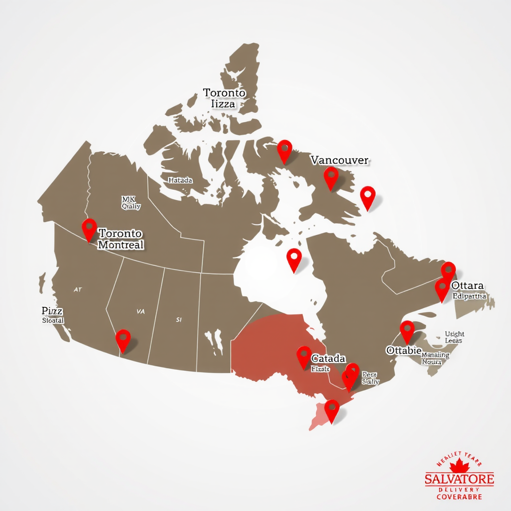 Interactive map of Canada displaying Salvatore pizza delivery coverage areas with red location markers in Toronto, Montreal, Vancouver, Calgary, Ottawa, Edmonton, Winnipeg, and Halifax, showing delivery zones and service areas