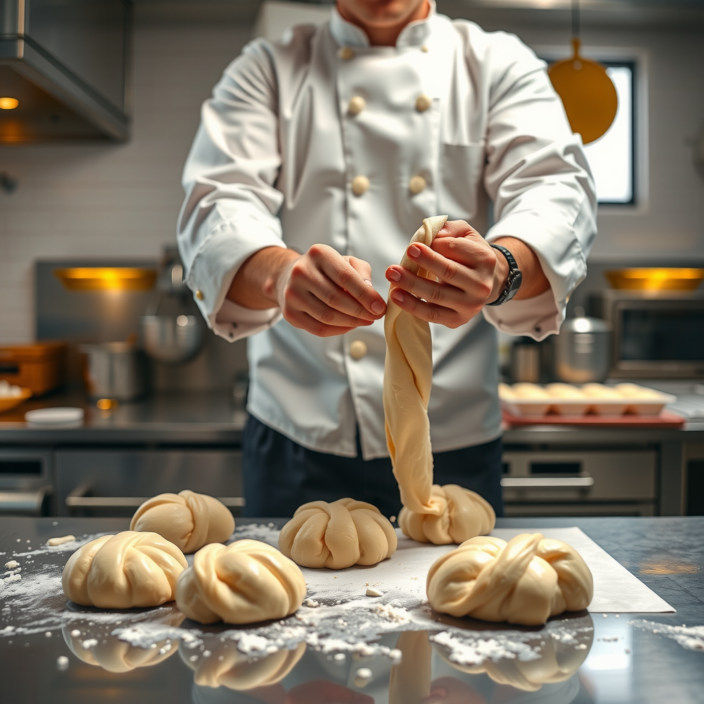 Professional chef demonstrating dough stretching technique with multiple dough balls at different stages of preparation on a stainless steel counter in a bright modern kitchen