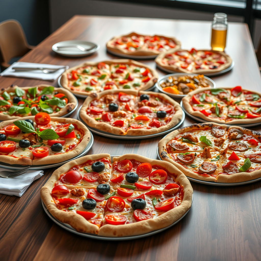 Diverse selection of Salvatore pizzas including vegetarian, meat, and specialty options beautifully arranged on corporate office lunch table with plates and napkins