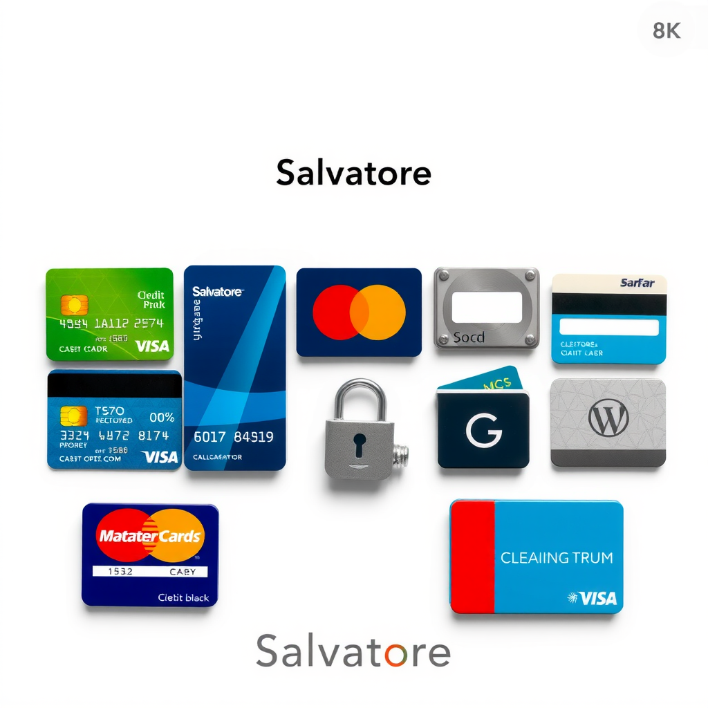 Multiple payment method icons including credit cards, debit cards, and digital wallets arranged on a clean white background with the Salvatore logo, showing secure payment processing symbols