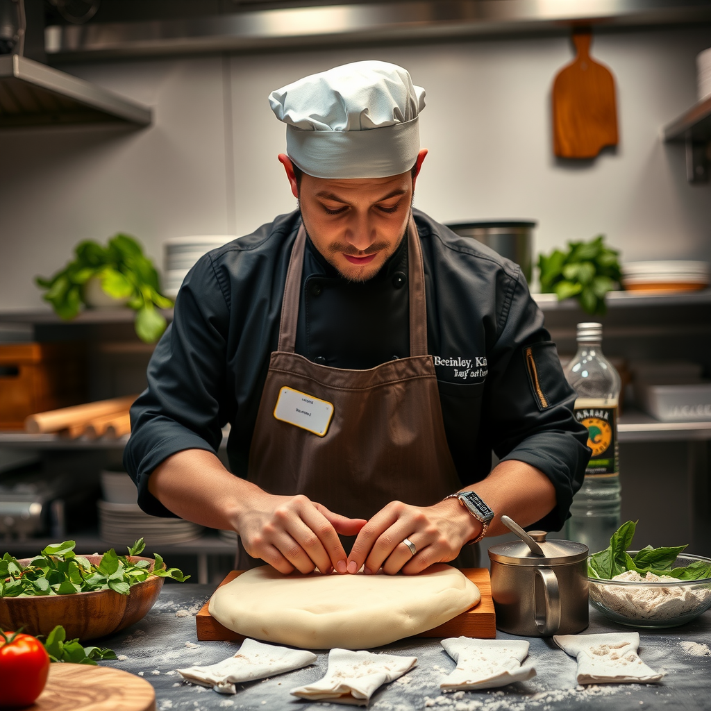 Head chef Marco Benedetti in professional kitchen kneading traditional Italian pizza dough by hand, surrounded by locally-sourced Canadian ingredients including flour, olive oil, and fresh herbs, demonstrating authentic Italian pizza-making techniques