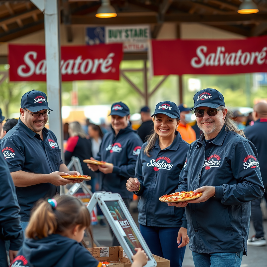 Salvatore team members in branded uniforms participating in a local community event, distributing pizza samples to families and children in an outdoor setting with Salvatore banners visible in the background