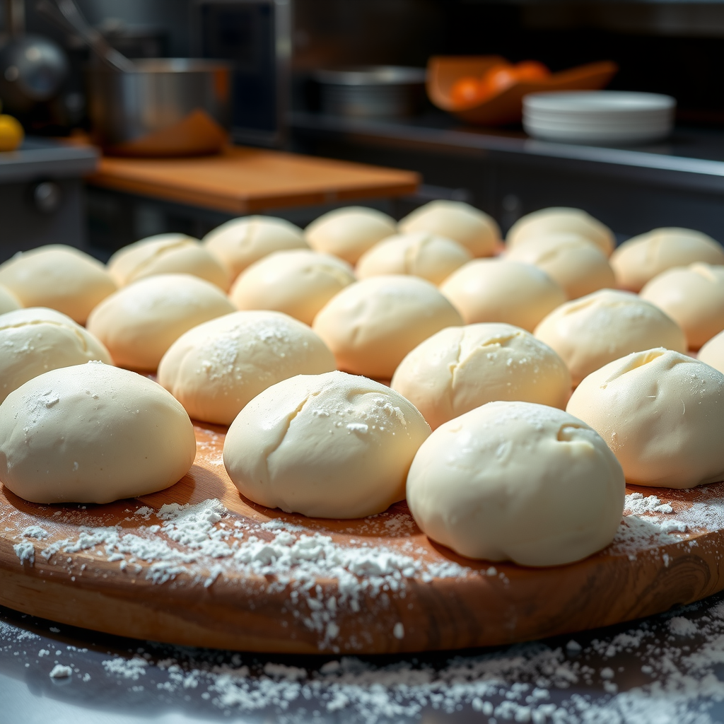 Perfectly rounded pizza dough balls arranged on wooden board in professional kitchen, each ball dusted with flour, showing consistent size and shape, ready for hand-stretching, professional lighting highlighting texture