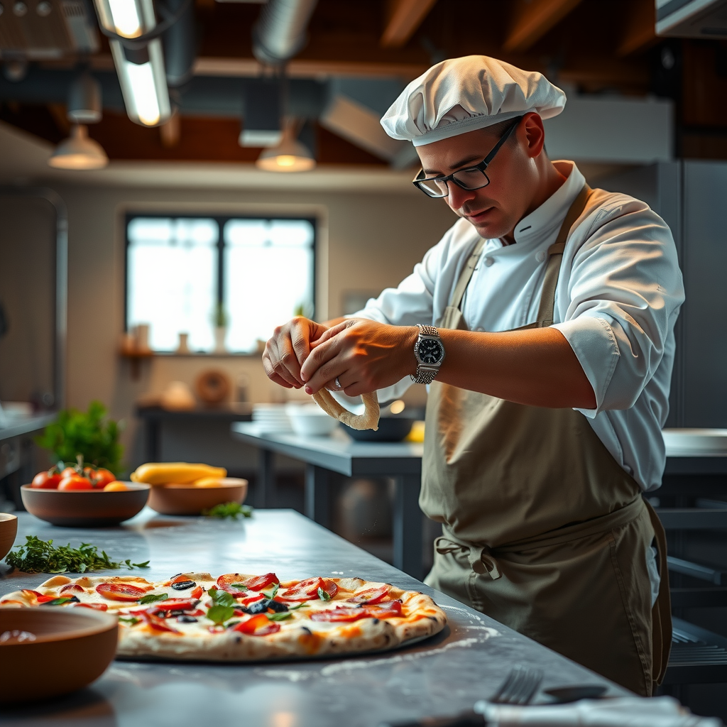 Professional pizza chef stretching artisanal dough by hand in a modern kitchen, with fresh ingredients and herbs visible in the background, warm lighting highlighting the traditional Italian pizza-making technique