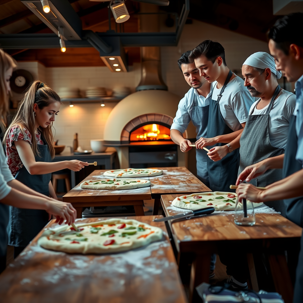 Hands-on pizza making workshop with participants in aprons stretching dough on wooden tables, Italian master chef demonstrating technique, wood-fired oven in background, flour dust in air, warm kitchen lighting