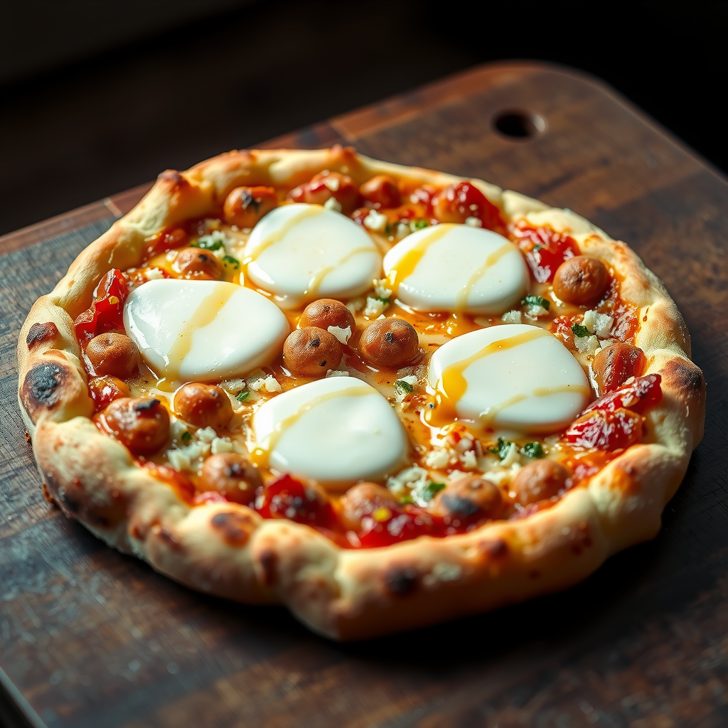 Gourmet four cheese pizza with mozzarella, gorgonzola, parmesan, and fontina cheese melted together on artisan crust