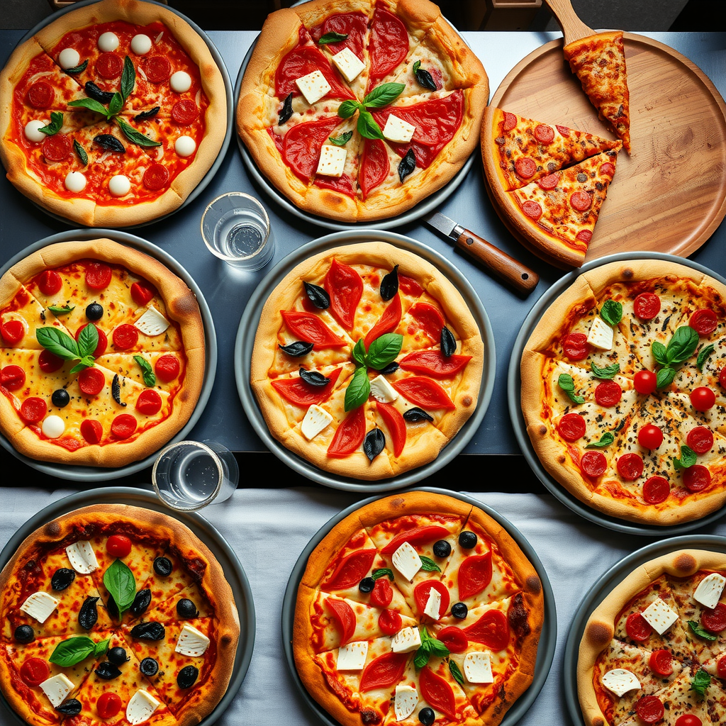 Overhead view of diverse pizza platters arranged on catering table showing classic and specialty varieties with garnishes