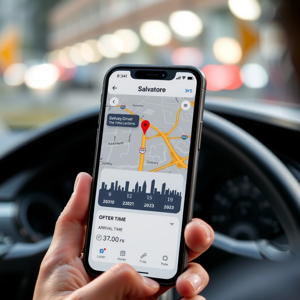 Mobile phone displaying Salvatore GPS tracking app interface with real-time delivery driver location on map, estimated arrival time countdown, route visualization, and order status updates