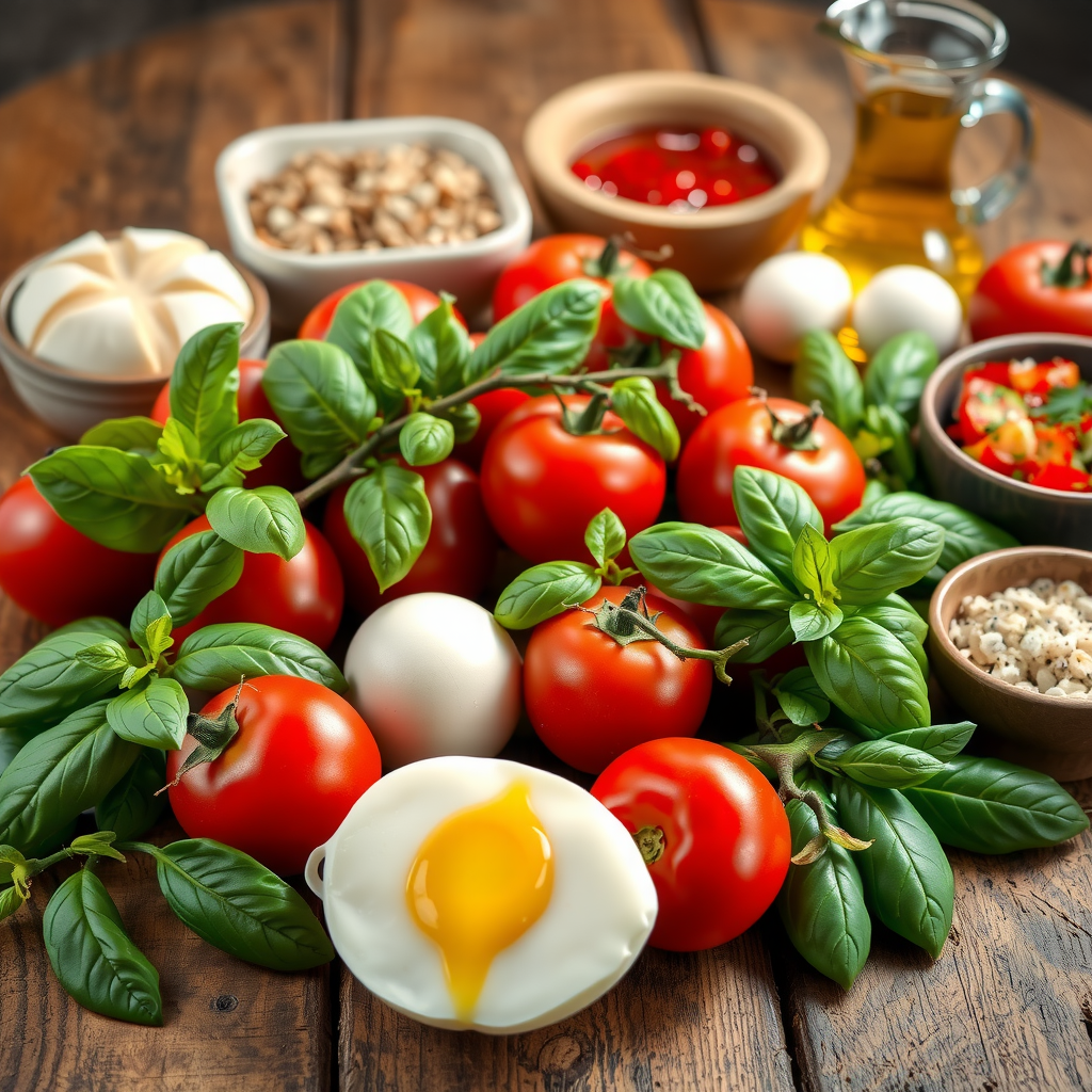 Array of fresh ingredients including San Marzano tomatoes fresh basil buffalo mozzarella extra virgin olive oil and various toppings arranged on a rustic wooden table