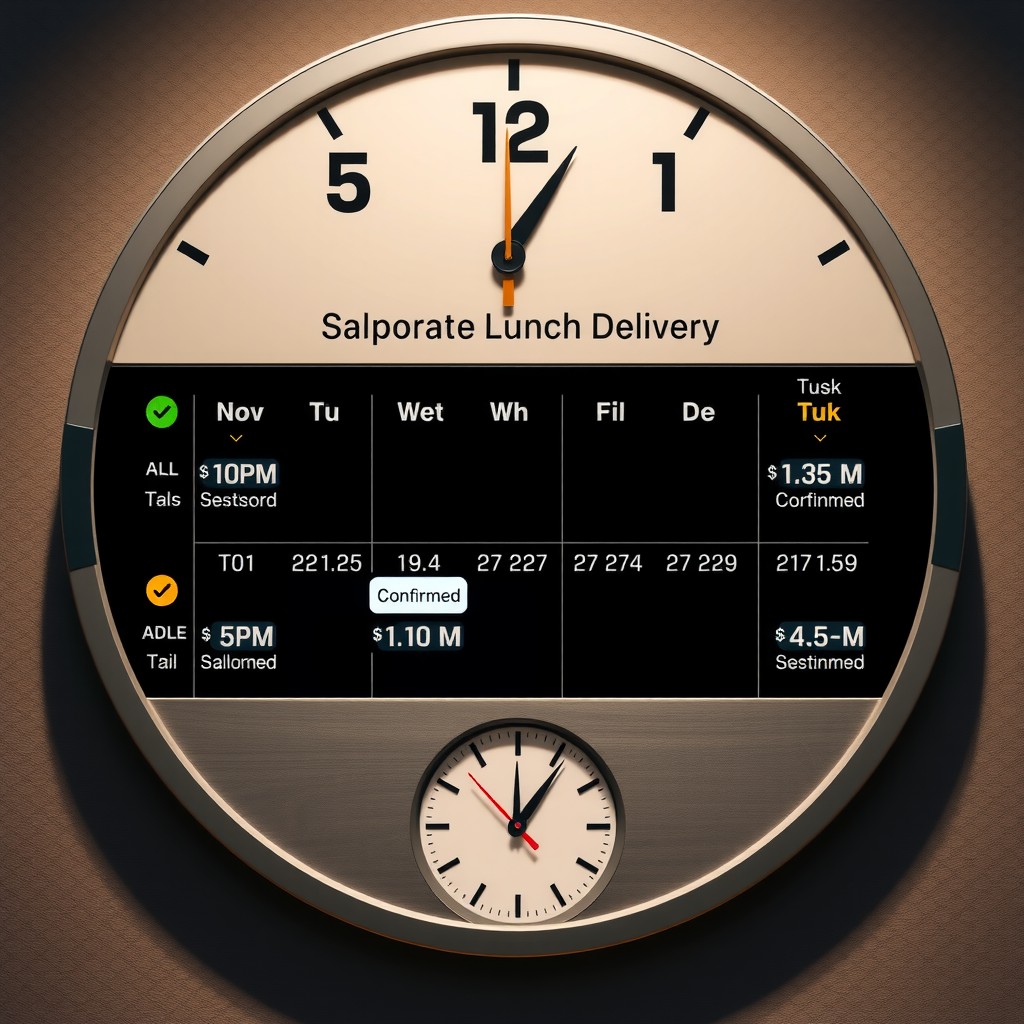 Professional calendar and clock interface displaying scheduled Salvatore corporate lunch delivery times throughout the week with confirmed orders